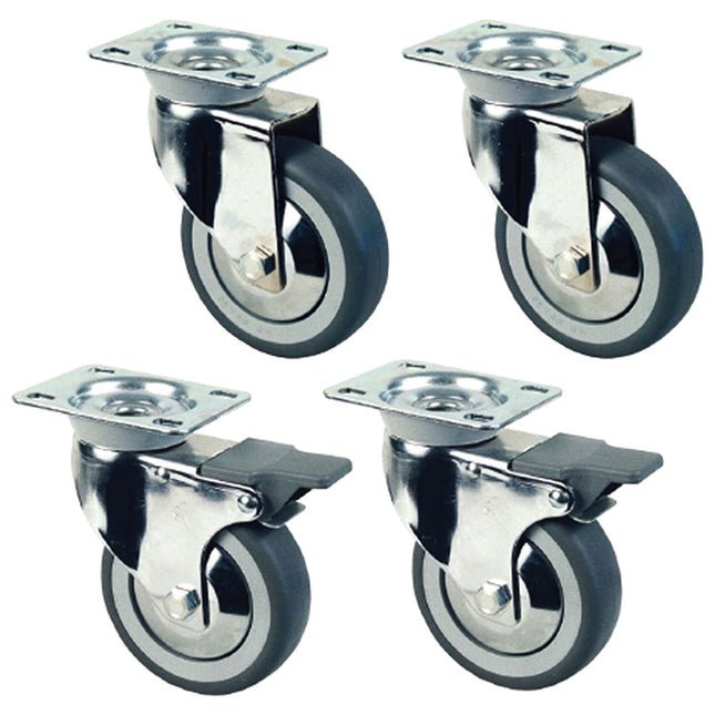 Set of 4 chromed wheels Ø 100 for tables on cupboard (2 with brakes)
