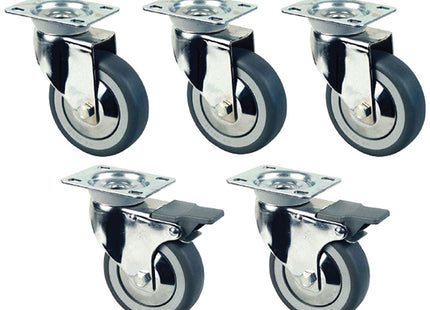 Jeu de 5 roulettes chromées Ø 100 pour tables sur placard (2 avec freins)