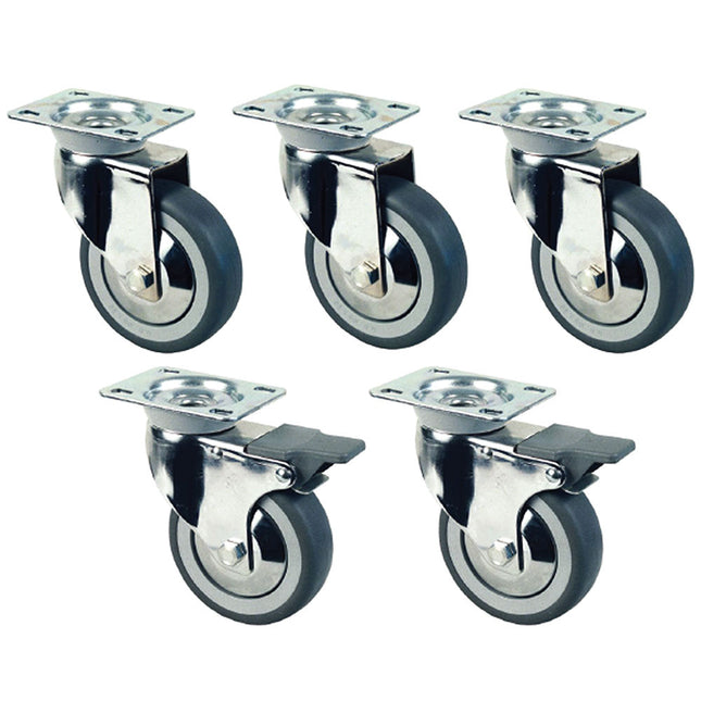 Set of 5 chromed wheels Ø 100 for tables on cupboard (2 with brakes)