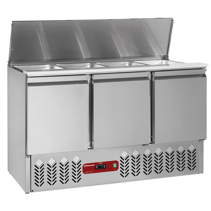 Saladette réfrigérée avec couvercle 4x GN 1/1 - 150 mm + réserve 3 portes GN 1/1, 380 Lit