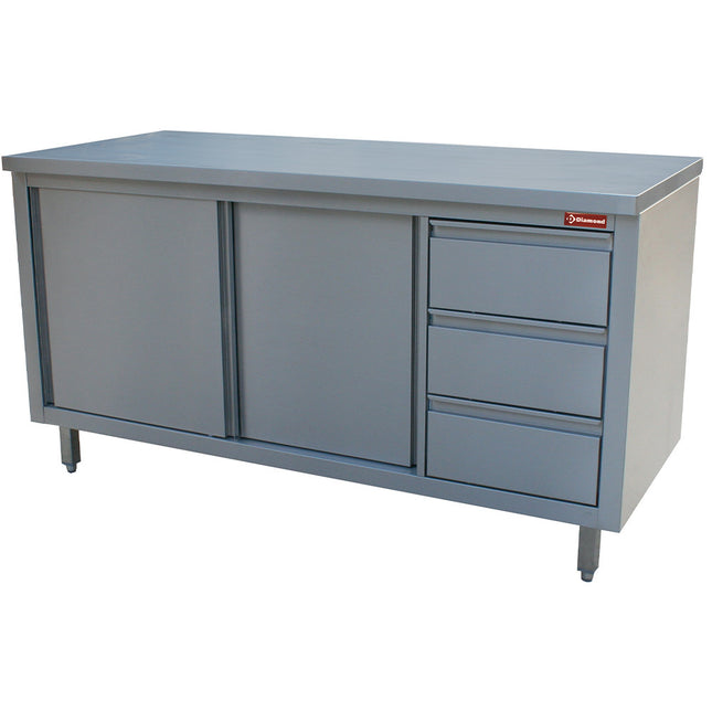 Table on neutral cupboard and 3 drawers on the right