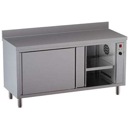 Heated cabinet table with 2 sliding doors, with rear backsplash
