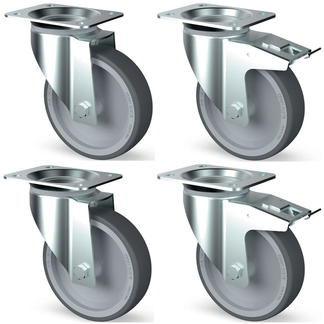 Kit of 4 stainless steel castors, swivelling, 2 with brakes