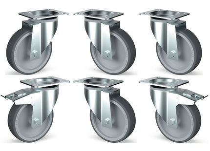 Kit of 6 stainless steel castors, swiveling, 2 with brakes