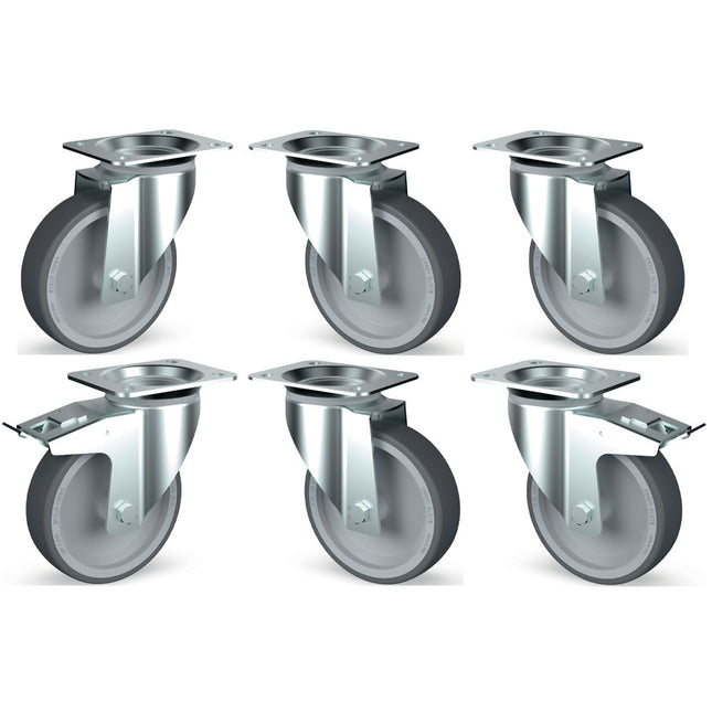 Kit of 6 stainless steel castors, swiveling, 2 with brakes