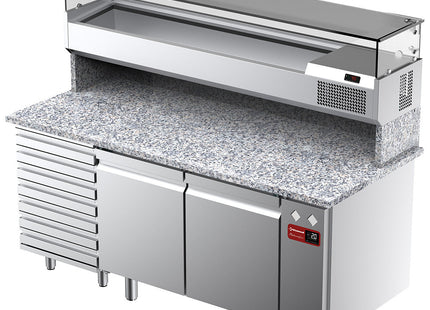 Ventilated refrigerated table for pizza with 2 doors and 7 drawers and refrigerated showcase 1800x380x410 with granite worktop.
