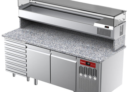 Ventilated refrigerated table for pizza with 2 doors and 7 drawers and refrigerated showcase 2000x380x410 with granite worktop.