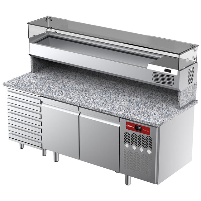 Kølebord til pizza med 2 låger og 7 skuffer og kølemontre 2000x380x410 med granitbordplade.