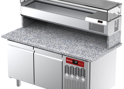 Ventilated refrigerated table for pizza with 2 doors and refrigerated showcase 1600x380x410 with granite worktop.