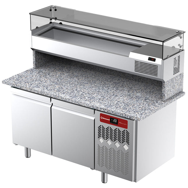Kølebord til pizza med 2 låger og kølemontre 1600x380x410 med granitbordplade.