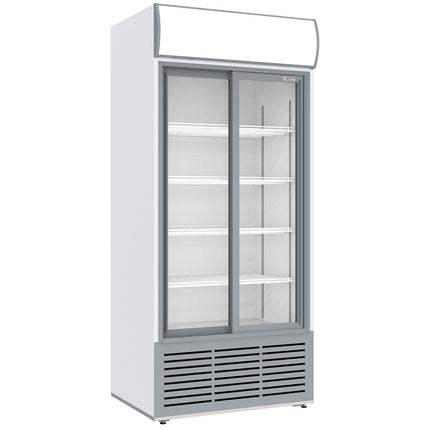 Drink display positive ventilated, 783 liters, 2 sliding doors, with lightbox, WHITE
