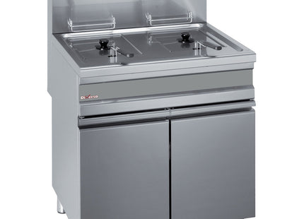Gas fryer, two 15-liters tank on cupboard