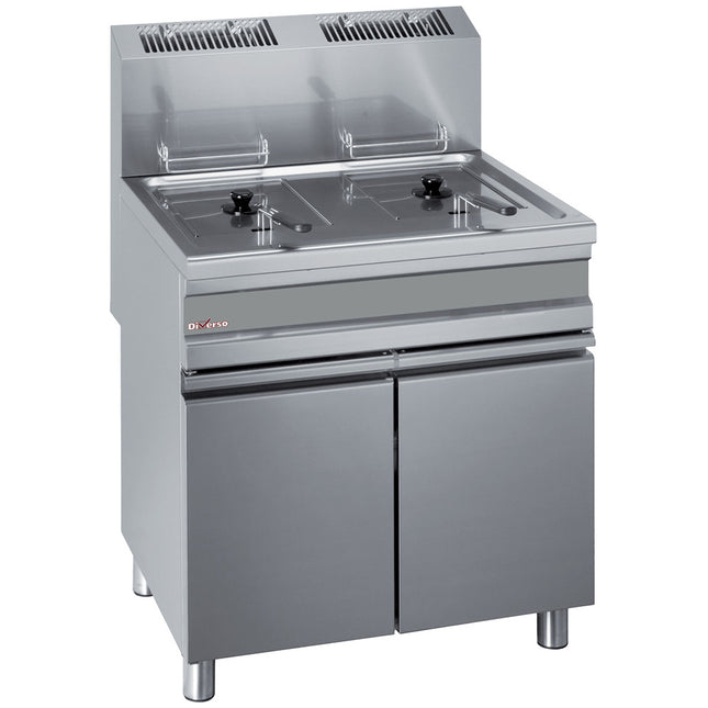 Gas fryer, two 15-liters tank on cupboard