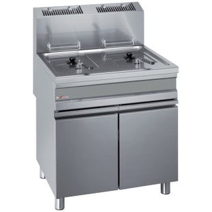 Gas fryer, two 15-liters tank on cupboard