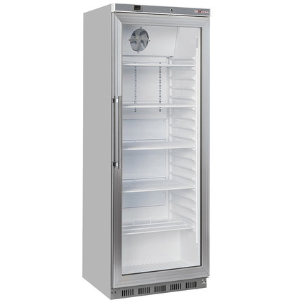 Ventileret køleskab, glaslåge, 400 liter. rustfrit stål
