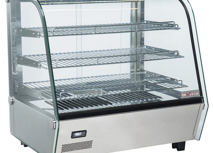 Heated table display case, 3 levels, curved glass