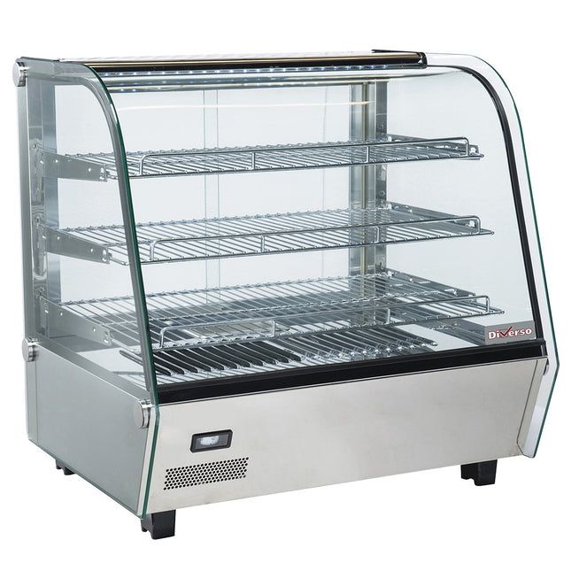 Heated table display case, 3 levels, curved glass