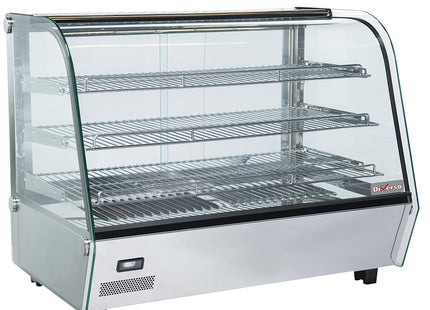 Heated table display case, 3 levels, curved glass