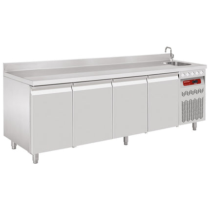 Wall-mounted ventilated refrigerated table, 4 doors GN 1/1, 550 Lit. with sink