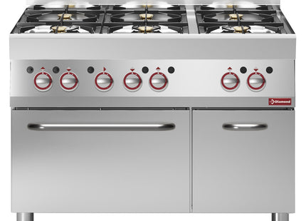 Cuisinière 6 feux vifs sur four à gaz et placard neutre