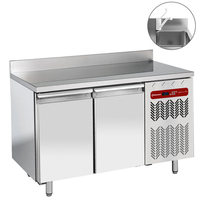 Table réfrigérante "murale" ventilée, ventilée, 2 portes GN 1/1, avec évier