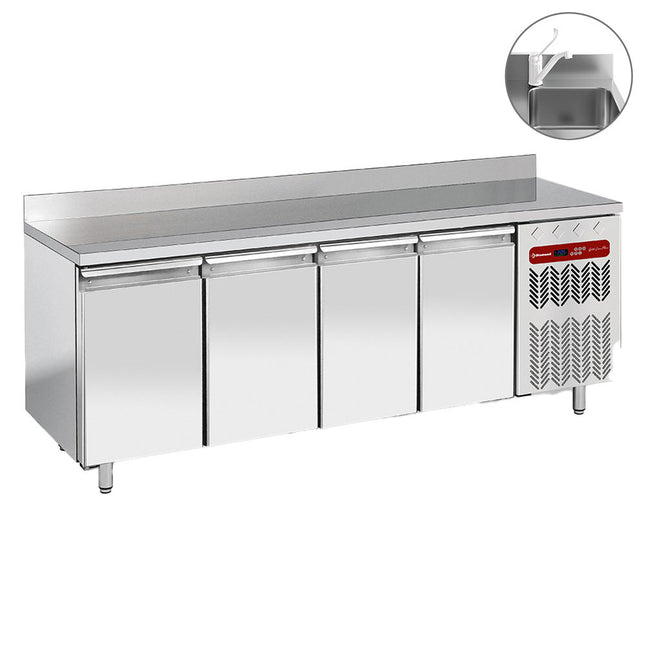 Table réfrigérante "murale" ventilée, ventilée, 4 portes GN 1/1, avec évier