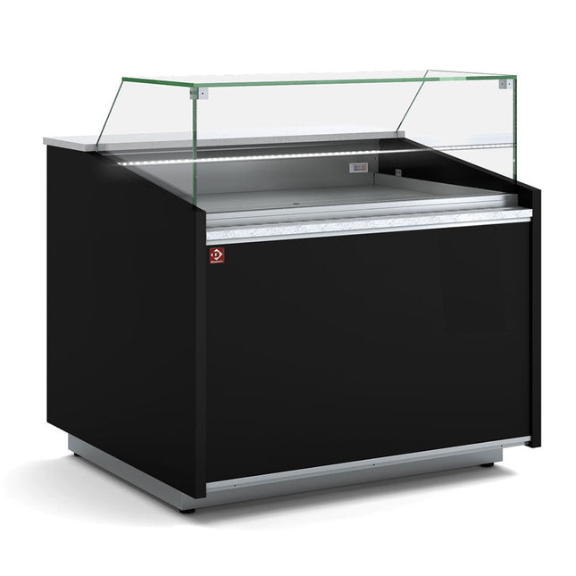 Ventilated display counter, low glass, with storage - BLACK