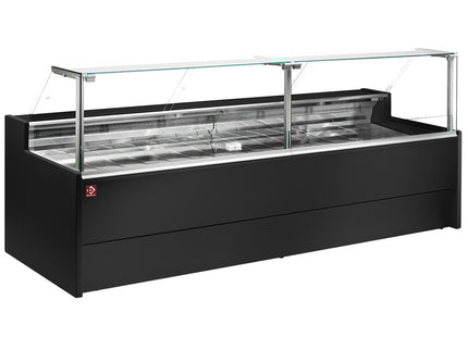 Ventileret Kølebord display med lige glaspanel 90° med opbevaringsrum - SORT