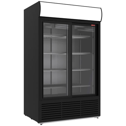Positivt køledisplay 1230 liter, lysboks, 2 SKYDEDØRE - SORT