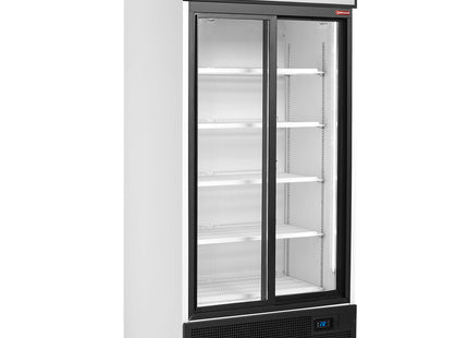 Dryckesdisplay positiv T°, ventilerad, 760 liter, 2 skjutbara Dörrar, med ljuslåda