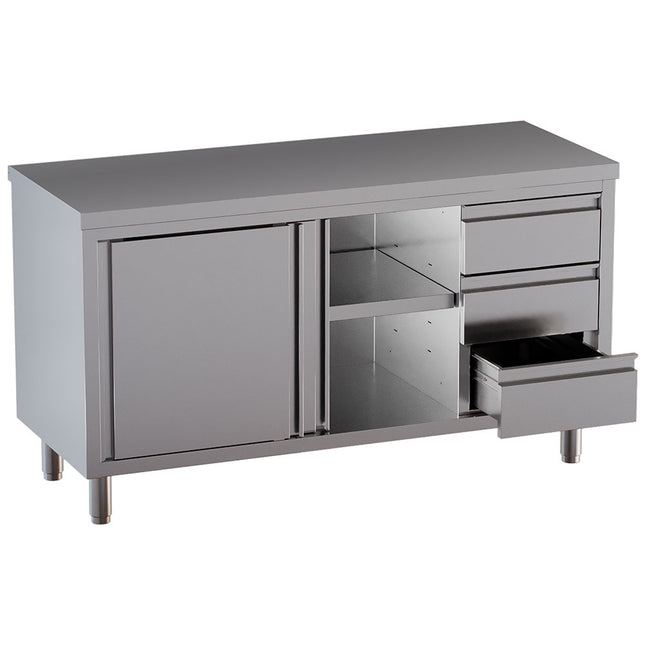 Table on neutral cabinet with 3 drawers on the right