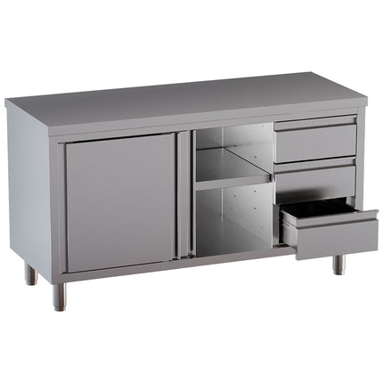 Table sur meuble neutre avec 3 tiroirs à droite