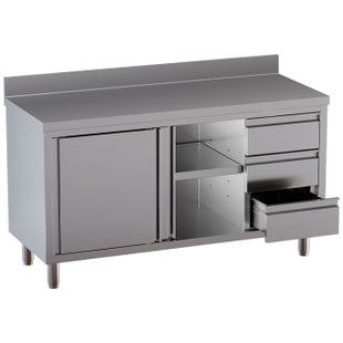 Cabinet table with 2 sliding doors, 3 drawers, with rear backsplash