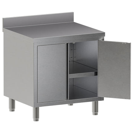 Table on neutral cupboard, hinged doors, with rear backsplash