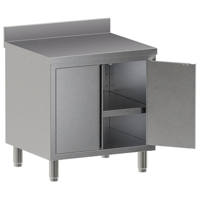 Table on neutral cupboard, hinged doors, with rear backsplash