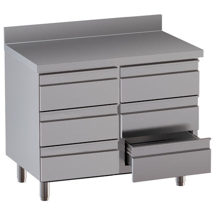 Table on cupboard with 6 drawers, with rear backsplash