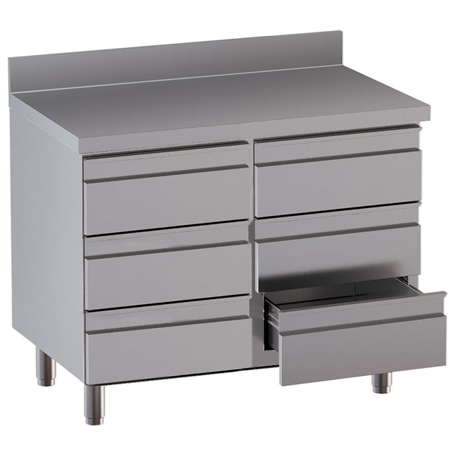 Table on cupboard with 6 drawers, with rear backsplash