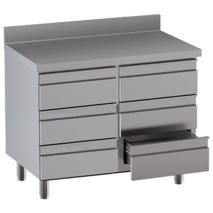 Table on cupboard with 6 drawers, with rear backsplash