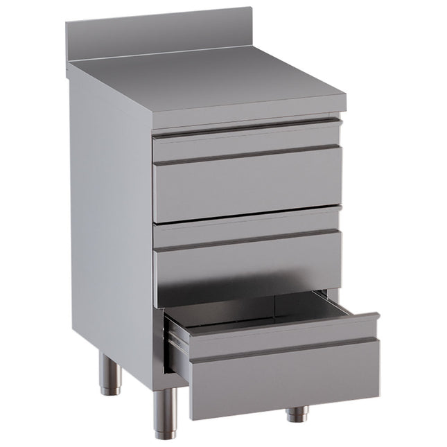 Table on cupboard with 3 drawers, with rear backsplash