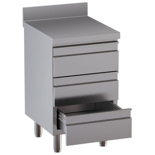 Table on cupboard with 3 drawers, with rear backsplash