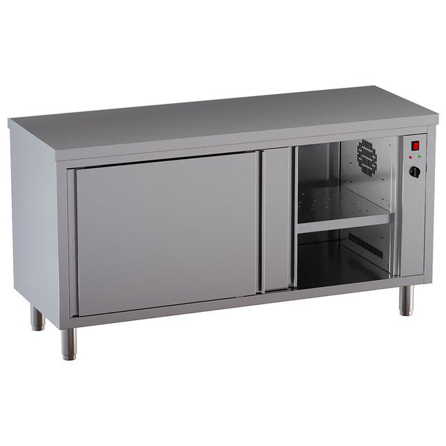 Heated cabinet table with 2 sliding doors