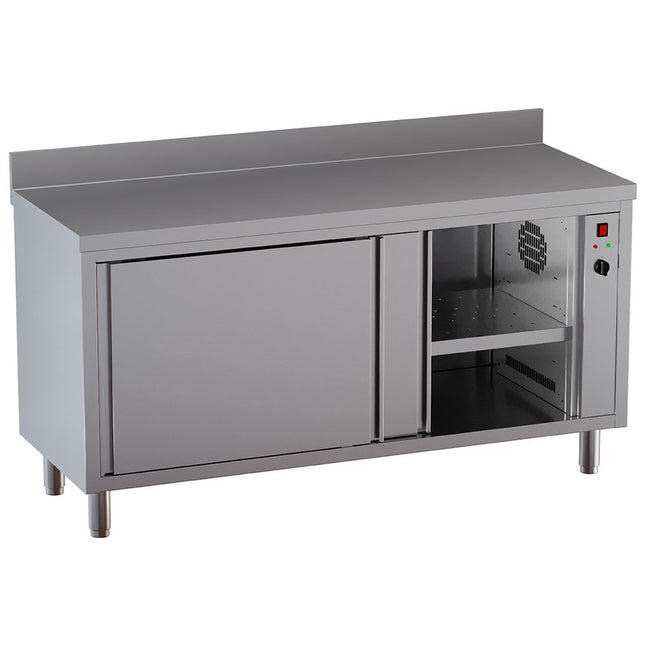 Heated cabinet table with 2 sliding doors, with rear backsplash