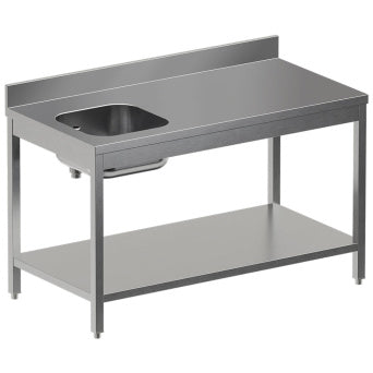 “Chef's” table with lower shelf, left sink + rear backsplash
