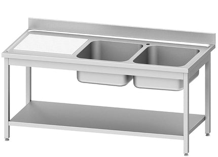 Rustfrit stål vask ECO 2 tanks and left drain surface, with lower shelf