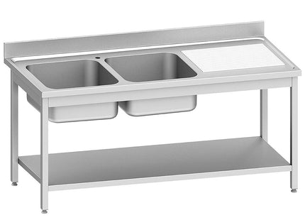 Stainless steel sink ECO 2 tanks and right drain surface, with lower shelf