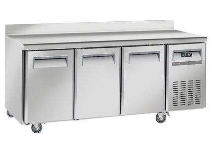 Cooling table, ventilated, 3 doors GN 1/1, with backsplash, on wheels, 2 with brakes
