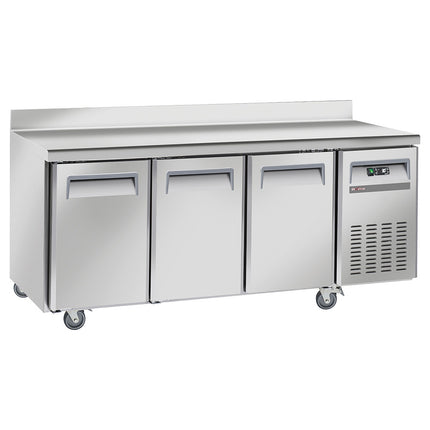 Cooling table, ventilated, 3 doors GN 1/1, with backsplash, on wheels, 2 with brakes