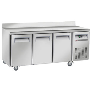 Cooling table, ventilated, 3 doors GN 1/1, with backsplash, on wheels, 2 with brakes
