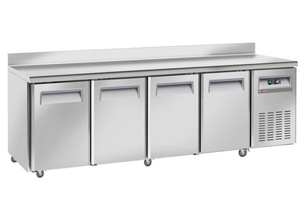 Cooling table, ventilated, 4 doors GN 1/1, with backsplash, on wheels, 2 with brakes