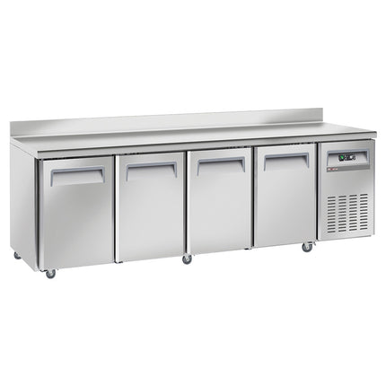 Cooling table, ventilated, 4 doors GN 1/1, with backsplash, on wheels, 2 with brakes